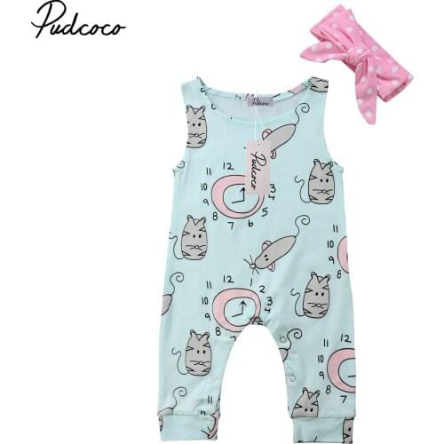 2018 Brand New Newborn Toddler Infant Baby Girl Clothes Flower Jumpsuit Romper +Headband 2Pcs Outfit Clock Mouse Printed Sunsuit