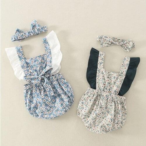 2021 Baby Summer Clothing Infant Newborn Baby Girl Floral Romper Sleeveless Ruffled Jumpsuits With Headband