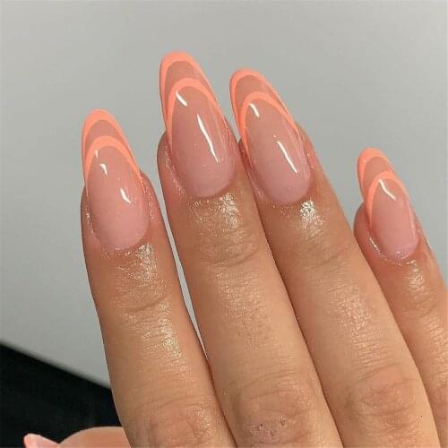 24pcs Orange Wear Long Paragraph Fashion Manicure Patch False Nails Save Time Wearable Nail Patch Natural Full Cover Art Tips
