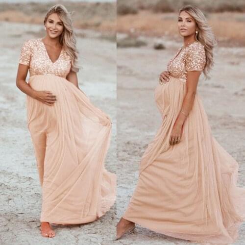 4# Women Pregnants Maternity Dresses Photography Props Short Sleeve Sequined Solid Dress Maternity Gown Chiffon V Neck Pink