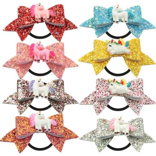 8pcs/lot Sparkly Pink Hairbows with Ponytail Holder Bling Bling Sequins Bows With Unicorn Accessory Rubber Rope