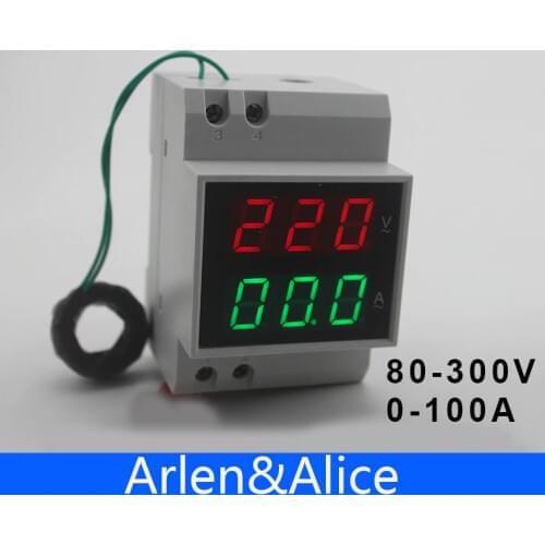 Din rail LED display Voltage and current meter with extra CT Current Transformers voltmeter ammeter range AC 80-300V 0.1-99.9A