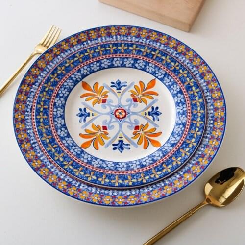 Ceramic Bohemian Print Orange and Blue Florets Exotic Style Big Plate
