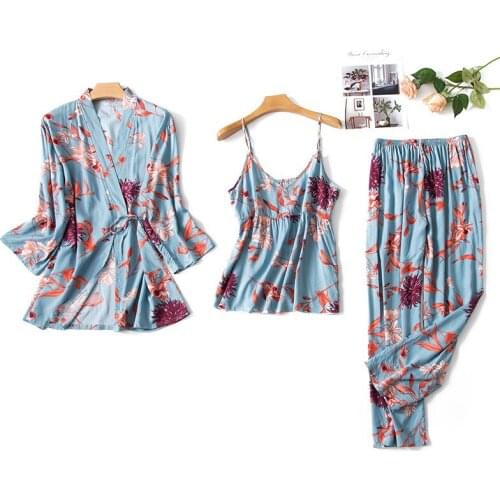 SR089 Women Pajamas Set 3 Pieces Cotton Full Pant Sleepwear Woman Suit Spring Summer Autumn Kimono Robe Sleep Dress Homewear