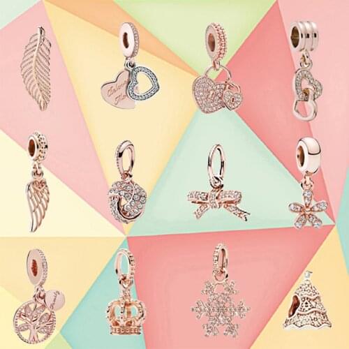 2019 New 100% S925 Sterling Silver Crown Heart Shape Bow Rose Gold Pendant Series Original Fashion Jewelry Free Shipping