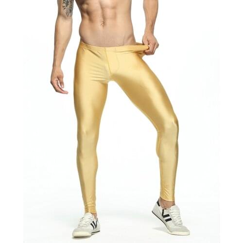 Men Chinlon Glossy Low Waist Stretch Sport Quick Dry Fitness Running Workout Training Leggins