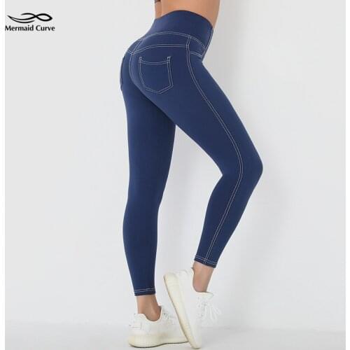 Open Line Imitation Denim Pockets Tight Fitness Trousers All-match Yoga Leggings Nine-point Training Quick-dry Sports Pants Wome