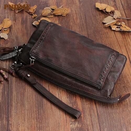 Original designer natural genuine leather ladies long clutch wallet fashion vintage sheepskin womens large-capacity coin purse