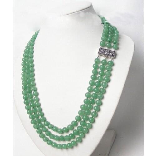 3row 8mm 100% nature round green jades necklace