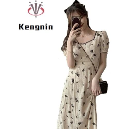 2021Spring Korean Chic Womens Dress Vintage Lace Peter Pan Collar Ladies Print Flowers Long Sleeve Female Robe Dress KE909