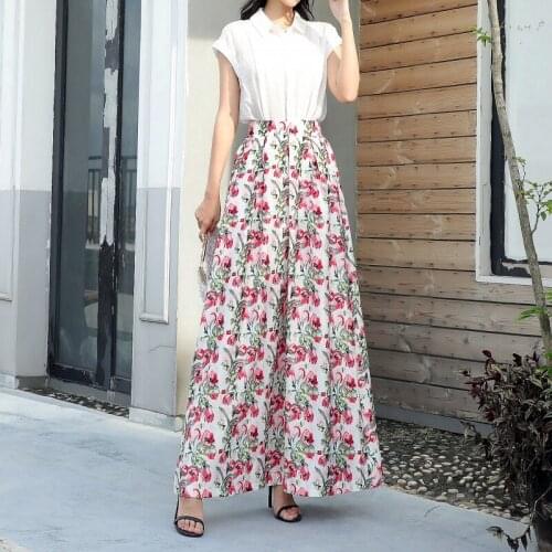 2021 Elastic Stretch Waist Floor Skirt Floral Pleated Skirt Empire Ankle-Length Pleated High Fashion Vintage Women Skirt