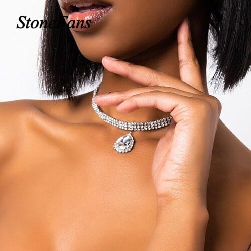 Stonefans Simple Rhinestone Chain Choker Water Drop Necklace for Women Fashion Bling Crystal Pendant Necklace Collar Jewelry