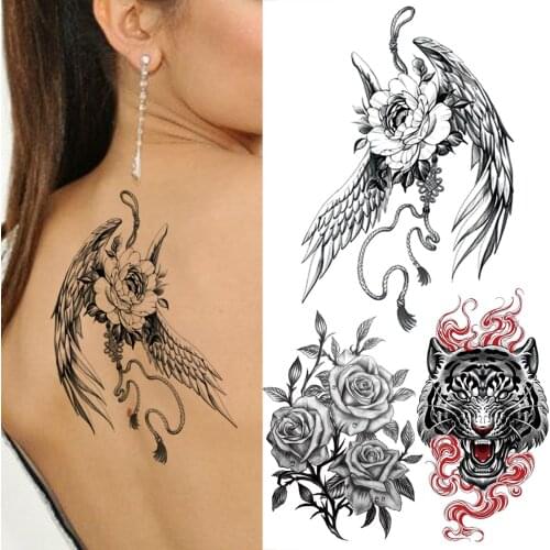 Realistic Peony Flower Feather Wing Temporary Tattoos For Women Men Rose Tiger Fake Tattoo Sticker Black Washable Body Art Tatoo