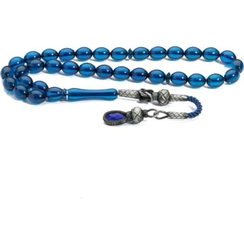 Silver Blue Amber Gemstone Prayer Rosary Men Barley Cut Rosary With Silver Tassel Islamic Tasbih With Drop Tassel