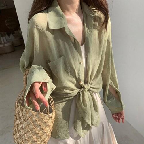Women Long Sleeve Turn Down Collar Pocket Buttons Thin Anti Sun Shirt Blouse Spring Summer Solid Color Single-breasted Fashion
