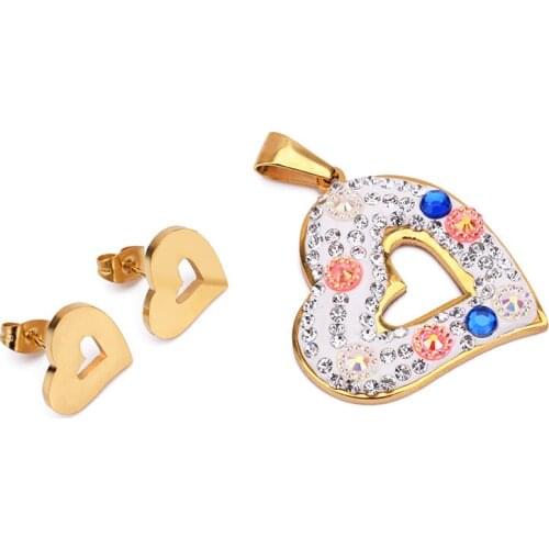 FairLadyHood Women Heart Earrings Heart Necklace Stainless Steel Zircon Necklace For Women Jewelry Sets Wedding Accessories