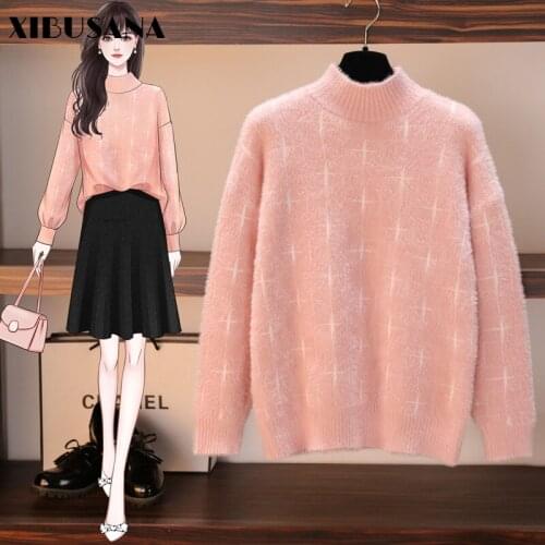 XIBUSANA 2020 Winter Imitation Mink Velvet Jumpers Long Sleeve Knitting Sweaters Women Casual Half Turtleneck Loose Tops Female
