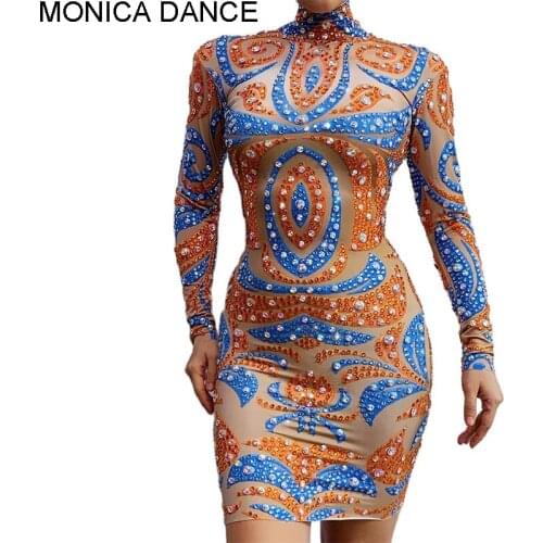 Women Sexy Stage Multi-color Rhinestone Spandex Dress Evening Birthday Wedding Celebrate Costume Women Dancer Singer Party Dress