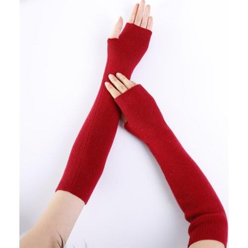 Winter Men Women Long Cashmere Sleeves Solid Soft Thicker Warm Sheep Wool Stretch Knit Half Finger Fingerless Mittens Gloves