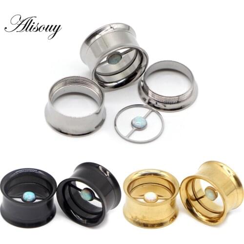 Alisouy 2pcs Ear Piercing Stainless Steel Body Jewelry Opal Double Flared Plugs Tunnels Stretcher Earrings Gauges Studs Expander