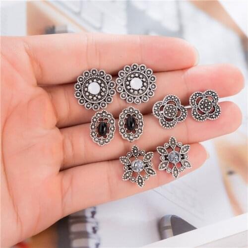4 Pairs/set Vintage Antique Silver Hollow Flower Pattern Stud Earrings Set For Women Party Statement Jewelry Boucle D'oreille