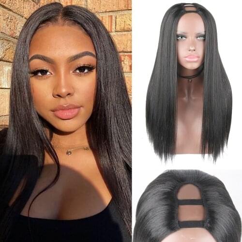 Long Straight U Part Synthetic Wigs for Women Natural Black Daily Use Wig Heat Resistant Fiber Natural Looking Wig 20inch