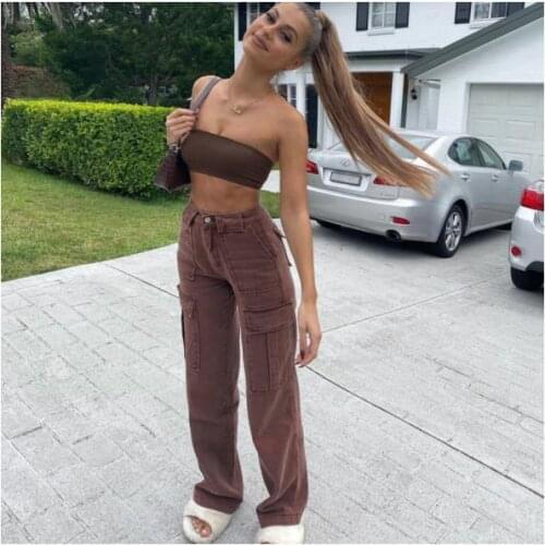 Retro Pocket Patchwork Jeans Women Cotton Loose Straight Jeans Fashion Streetwear High Waist Brown Workwear Casual Pants