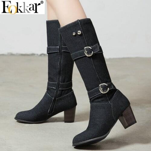 Eokkar 2020 Women Knee High Boots Stacked Heel All Match Winter Boots Round Toe Zipper Elegant Denim Ladies Boots Size 34-43