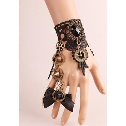 Gothic Punk Style Rivet Studs and Gears Mixed Combo Black Lace Steampunk Bracelet