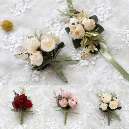 Artificial Silk Satin Hand Flowers Groom Boutonniere Man Pin Suit Corsage Bride Bridesmaid Wedding Wrist Flower Party Decoration