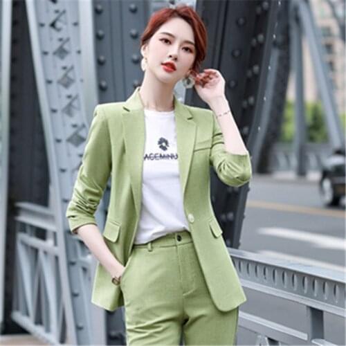 IZICFLY New Style Spring Autumn Green Plaid 2 Piece Sets Womens Outfits Business Slim Office Blazer Suits With Pants Work Wear