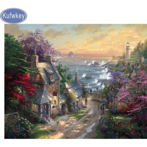 Kufwkey Full square/round drill,diamond embroidery puzzle lighthouse diamond painting Cross Stitch sea house Mosaic Rhinestones