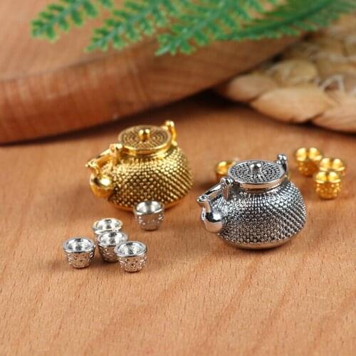6Pcs/set Doll House Miniature Metal Tea Doll House Furniture Miniature Dining Ware Toy Teapot Cup