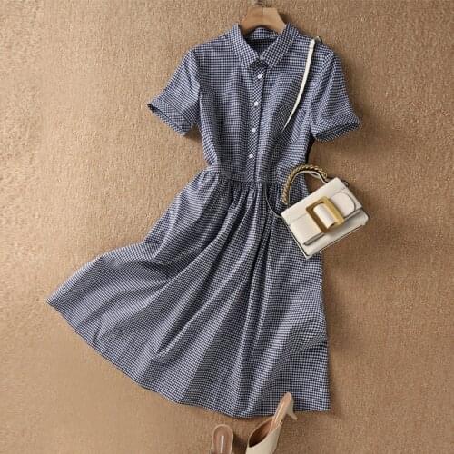 Summer New Dark Blue Plaid Dress 2021 Women Casual Short Sleeve A-LINE Slim Knee-Length Dresses Femme Party Plus Size S-4XL