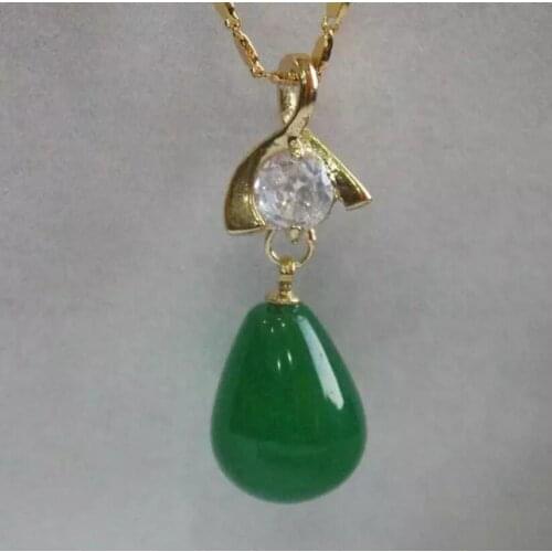 Fashionable gold plated metal inlaid with white zircon + dark green Malay jade Drop Pendant
