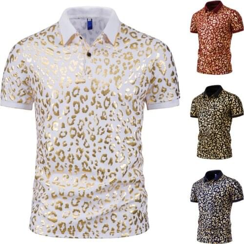 2021 New Summer Fashion Casual Men Leopard Print Spotted Gold Print Lapel Slim Business Casual Short Sleeve Polo Shirt Men