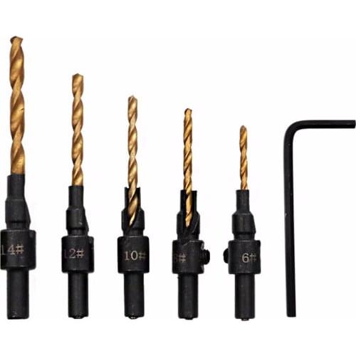 5pcs HSS 6~14mm Woodworking Countersink Chamfer Drill Bit Screw Set & Wrench