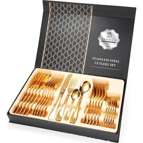24PCS Gold Tableware Cutlery Dinner Set Cutlery Sets Dishes Knives Forks Spoons Western Kitchen Dinnerware Set Stainless Steel