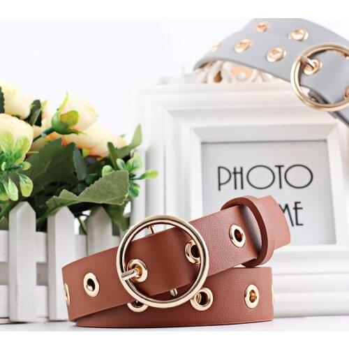 New round buckle wide belt womens hollow eyelet womens belt with fashionable eyelet belt women