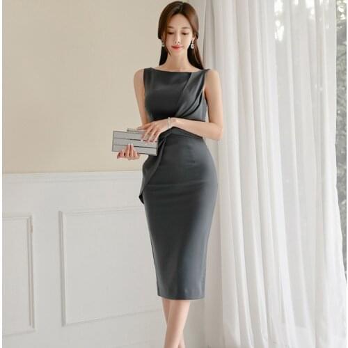 Fashion women summer slim korean elegant sleeveless satin dress new arrival work lady slim O-neck sexy party solid pencil dress