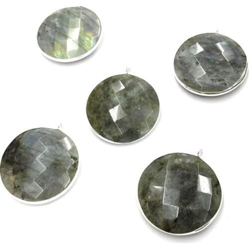 Natural Stone Pendant Necklace Accessories Round Faceted Flash Labradorite Stone Charms For Jewelry Making Bracelet Earrings