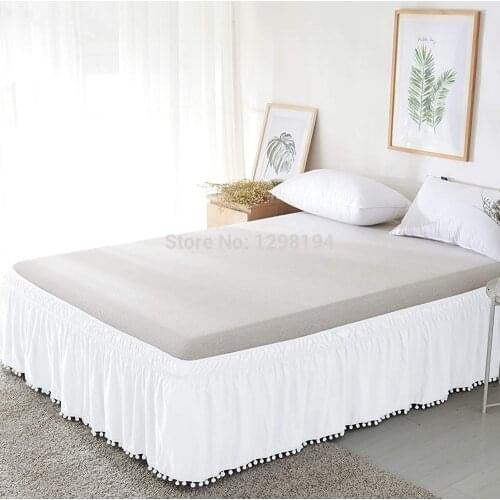 Luxury Pompom Fringe Ruffle Bed Skirt -Wrap Around Style- Elastic Bed Wrap Dust Ruffle Bedskirt 16inch Drop, Twin/Queen/King