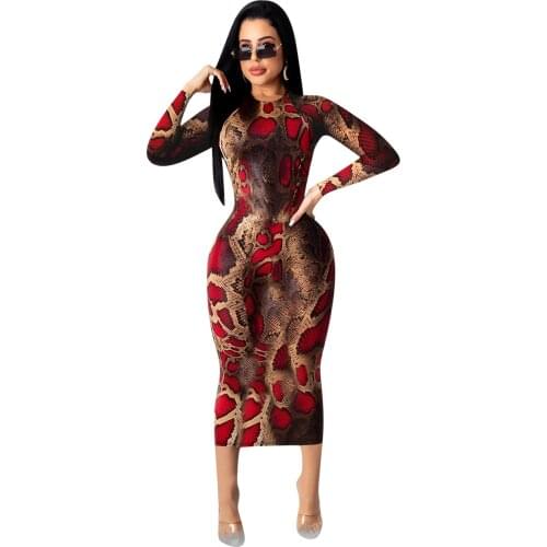 Sexy Snakeskin Bodycon Dress Women Long Sleeve Skinny Dresses Casual Fall Autumn Long Sundresses Party Clubwear Streetwear