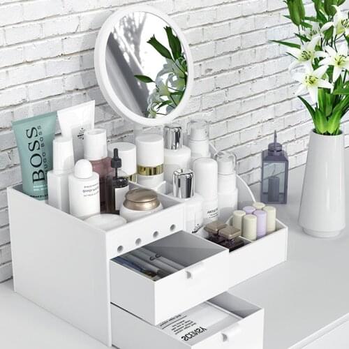 LED Mirror Makeup Organizer Bathroom Women Large Capacity Drawer Makeup Storage Box Nail Polish Skin CareTable Cosmetic Case