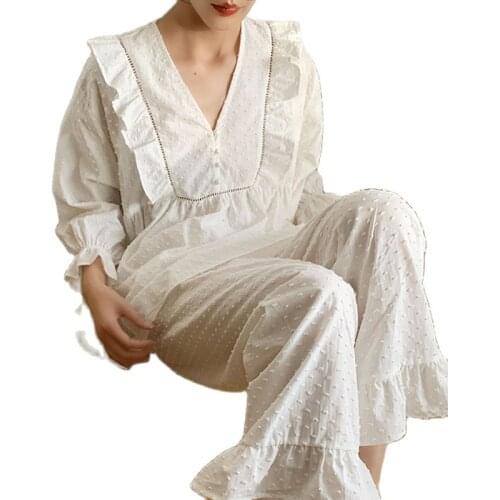 Female White Soft Homewear Lolita Dots Pajama Suits Tops Long Pants Vintage Ladies Pyjamas Set Victorian Sleepwear Loungewear