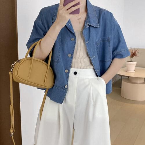 Retro Washed Dark Blue Short Sleeve Shirts Womens Short Denim Jacket Female 2021 Summer New Arrival Casual Jeans Coat aq730