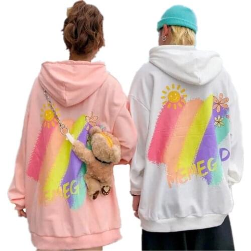 2021 Autumn Winter Women Hoodies Sun Rainbow Printed Hooded Sweatshirt Couple Unisex Matching Pullover Top Harajuku Streetwear