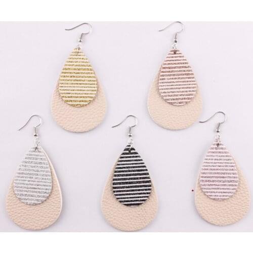 2019 New Glitter Stripe Layered PU Leather Water Drop Earrings for Women Fashion Spring PU Leather Earrings Wholesale