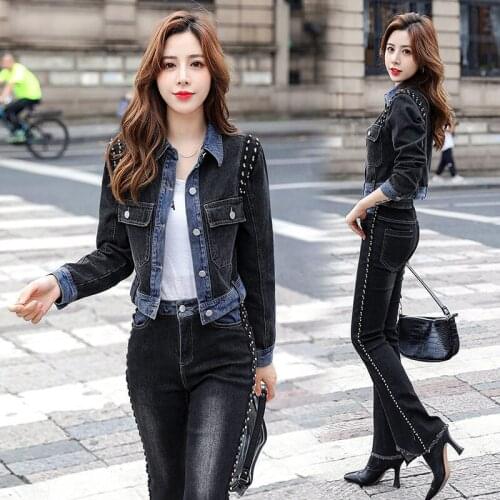 Women 2021 Spring Autumn Fashion Denim Two Piece Set Female Turn Down Collar Long Sleeve Jacket and Jean Pant Tracksuit B214