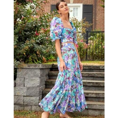 Fashion Floral Printed Women Two Pieces Sets Short Puff Sleeve Square Collore Tops And High Waist Long Skirt 2021 Summer New